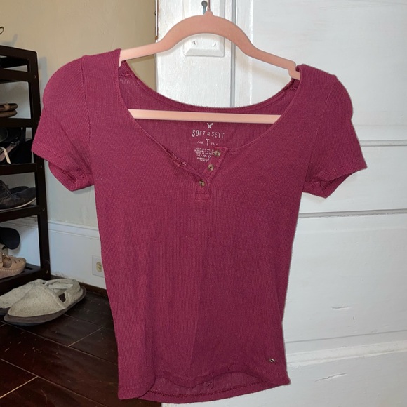 Burgundy Ribbed Henley Top - Picture 1 of 6